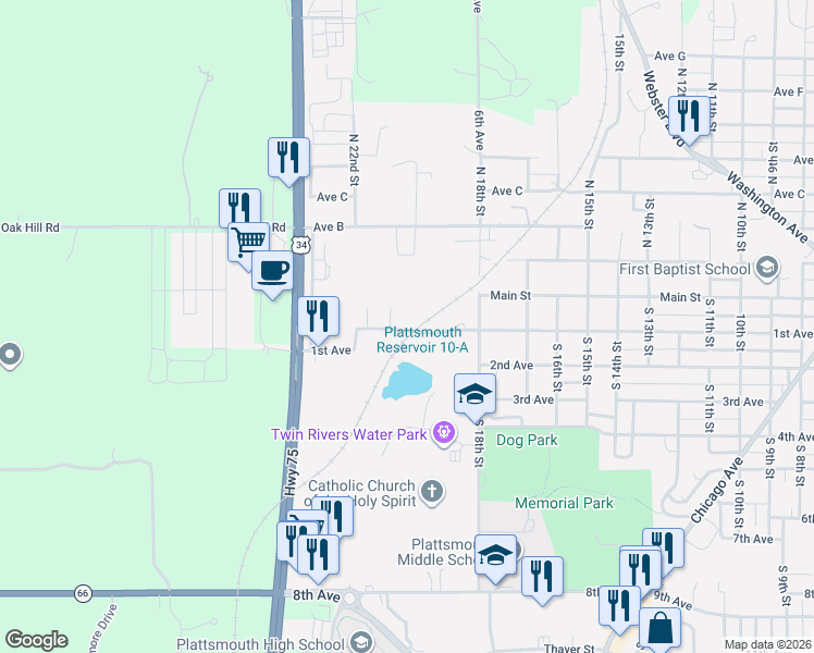 map of restaurants, bars, coffee shops, grocery stores, and more near 2018 1st Avenue in Plattsmouth