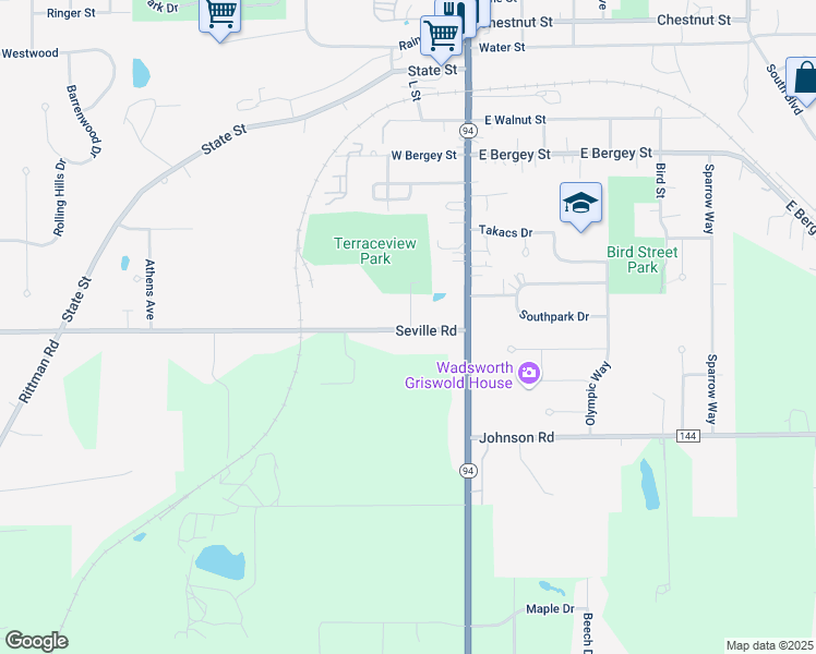 map of restaurants, bars, coffee shops, grocery stores, and more near 150 Seville Road in Wadsworth