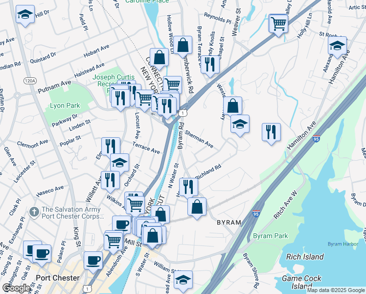 map of restaurants, bars, coffee shops, grocery stores, and more near 81 Byram Road in Greenwich