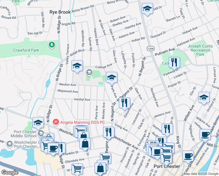 map of restaurants, bars, coffee shops, grocery stores, and more near 36 Park Avenue in Port Chester