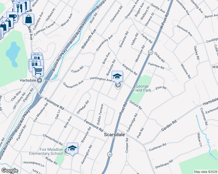 map of restaurants, bars, coffee shops, grocery stores, and more near 4 Putnam Road in Scarsdale