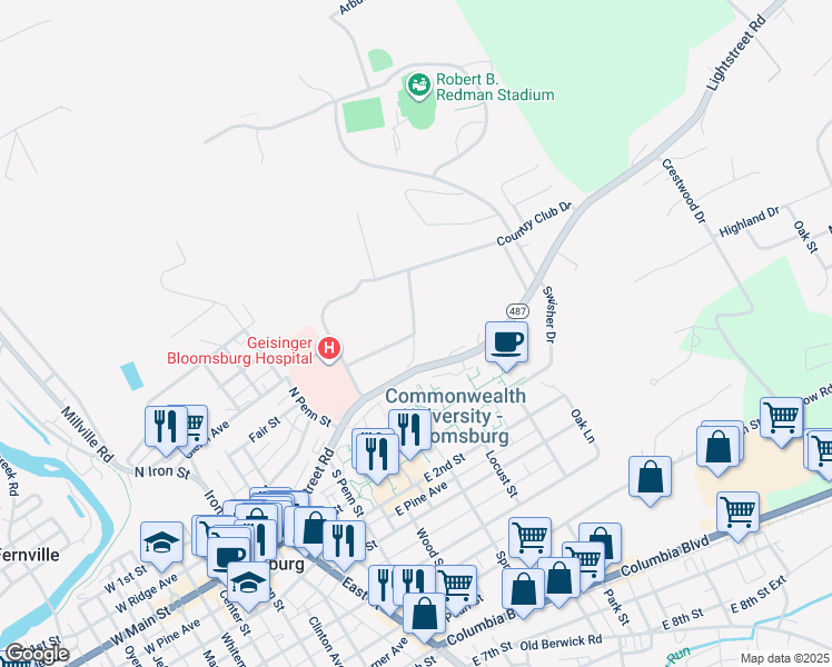 map of restaurants, bars, coffee shops, grocery stores, and more near 602 Honeysuckle Ln in Bloomsburg