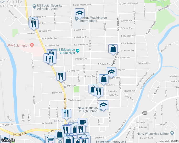 map of restaurants, bars, coffee shops, grocery stores, and more near 135 East Laurel Avenue in New Castle