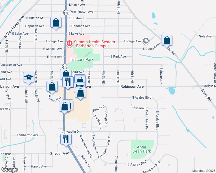 map of restaurants, bars, coffee shops, grocery stores, and more near 616 Robinson Avenue in Barberton