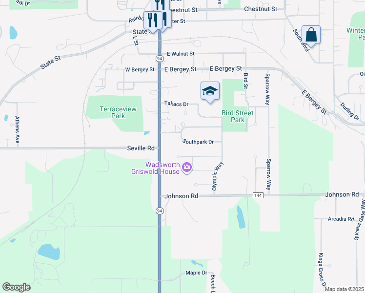 map of restaurants, bars, coffee shops, grocery stores, and more near 170 Hillside Drive in Wadsworth