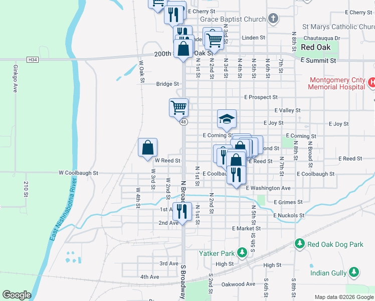 map of restaurants, bars, coffee shops, grocery stores, and more near 105 West Reed Street in Red Oak
