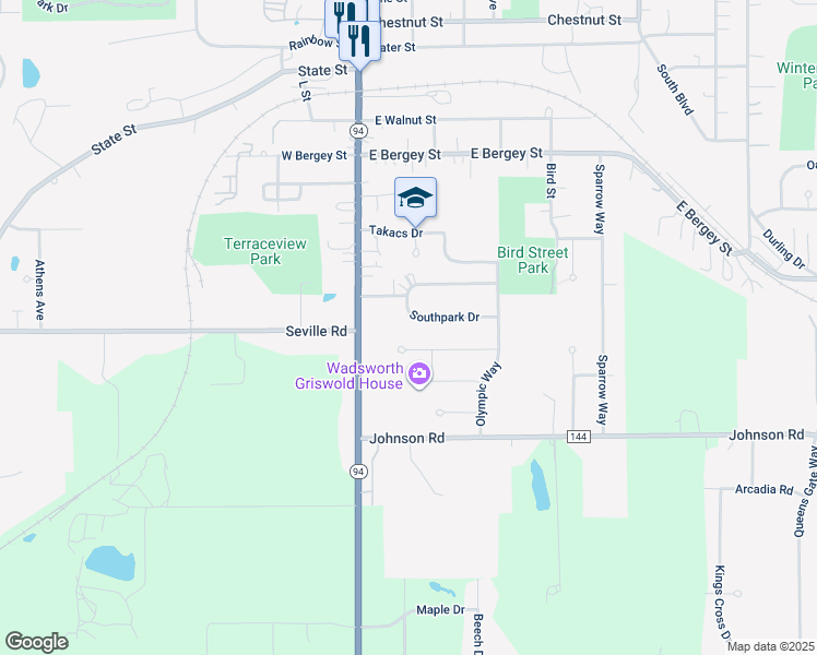 map of restaurants, bars, coffee shops, grocery stores, and more near 170 Hillside Drive in Wadsworth
