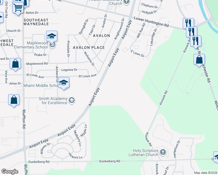 map of restaurants, bars, coffee shops, grocery stores, and more near 8000 Airport Expressway in Fort Wayne