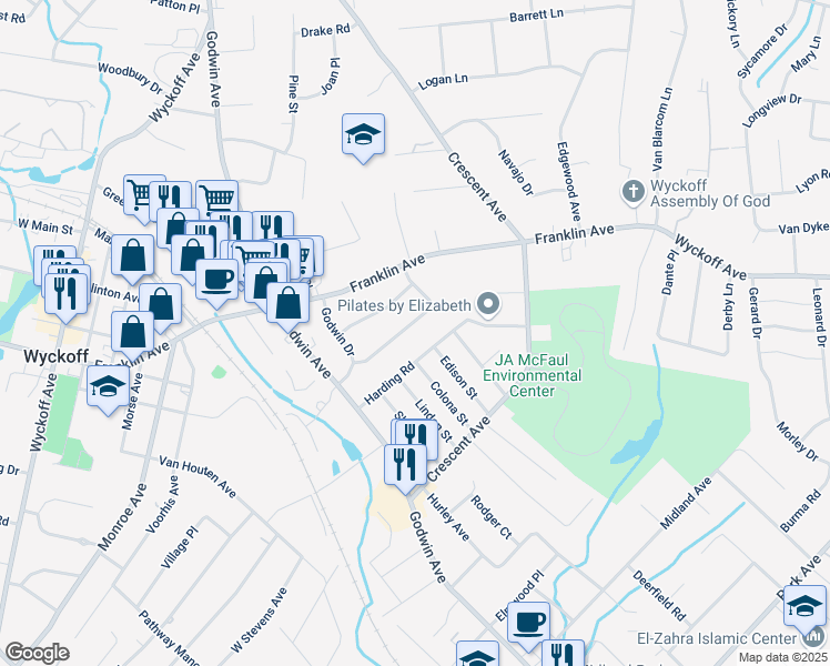 map of restaurants, bars, coffee shops, grocery stores, and more near 28 Shadyside Drive in Wyckoff