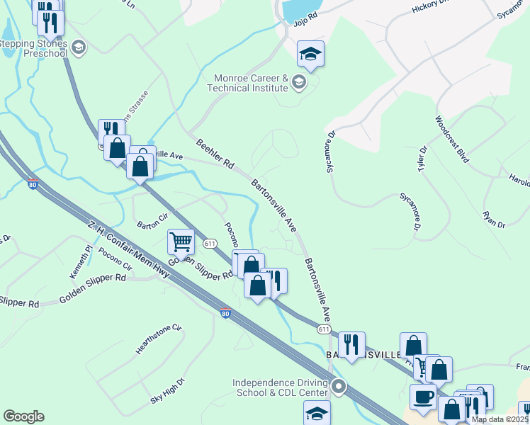 map of restaurants, bars, coffee shops, grocery stores, and more near in Monroe County
