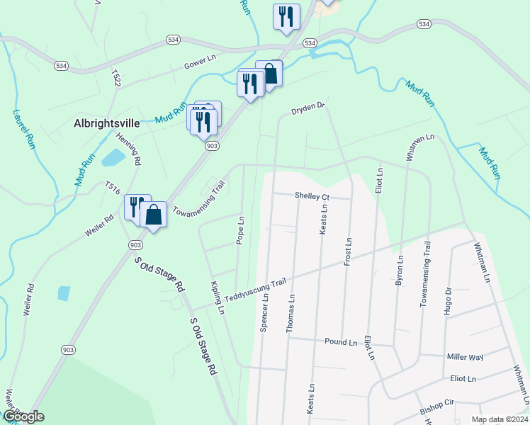 map of restaurants, bars, coffee shops, grocery stores, and more near 137 Spencer Lane in Albrightsville