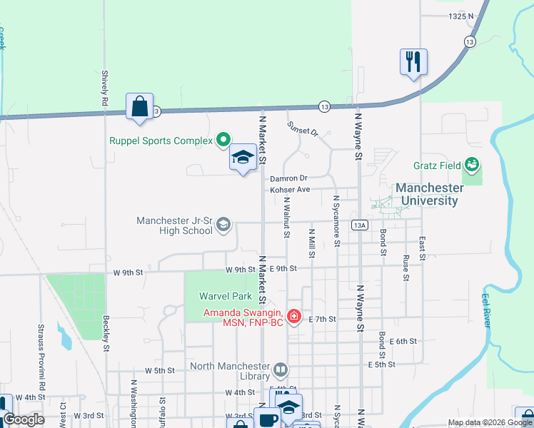 map of restaurants, bars, coffee shops, grocery stores, and more near 101 East College Avenue in North Manchester