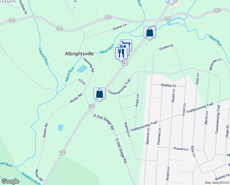 map of restaurants, bars, coffee shops, grocery stores, and more near 473 Towamensing Trail in Albrightsville