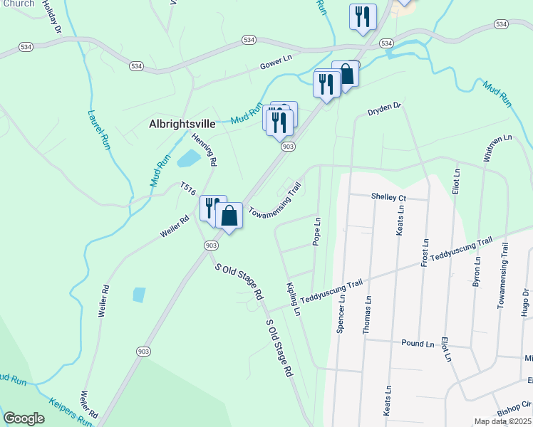 map of restaurants, bars, coffee shops, grocery stores, and more near 490 Towamensing Trail in Albrightsville