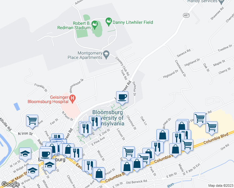 map of restaurants, bars, coffee shops, grocery stores, and more near 825 Lightstreet Road in Bloomsburg