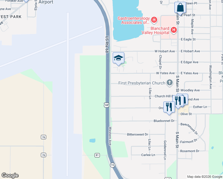 map of restaurants, bars, coffee shops, grocery stores, and more near 610 Church Hill Drive in Findlay