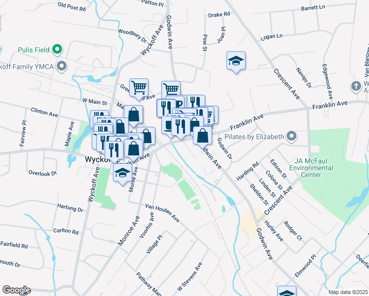 map of restaurants, bars, coffee shops, grocery stores, and more near 17 Ward Avenue in Wyckoff