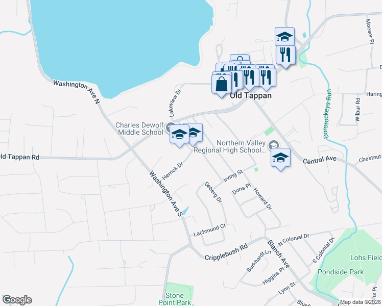 map of restaurants, bars, coffee shops, grocery stores, and more near School Street in Old Tappan
