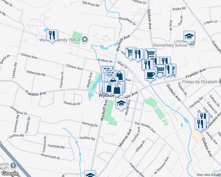 map of restaurants, bars, coffee shops, grocery stores, and more near 257 Everett Avenue in Wyckoff
