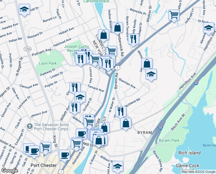 map of restaurants, bars, coffee shops, grocery stores, and more near 505 North Main Street in Port Chester