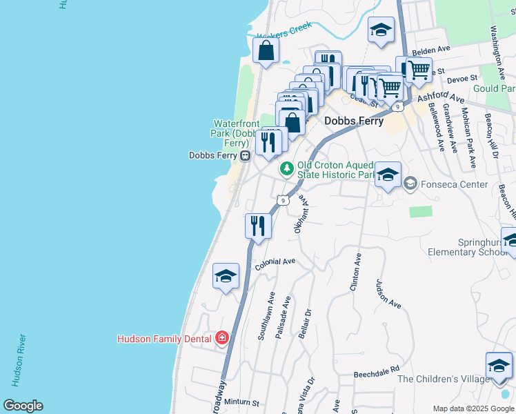 map of restaurants, bars, coffee shops, grocery stores, and more near 189 Broadway in Dobbs Ferry