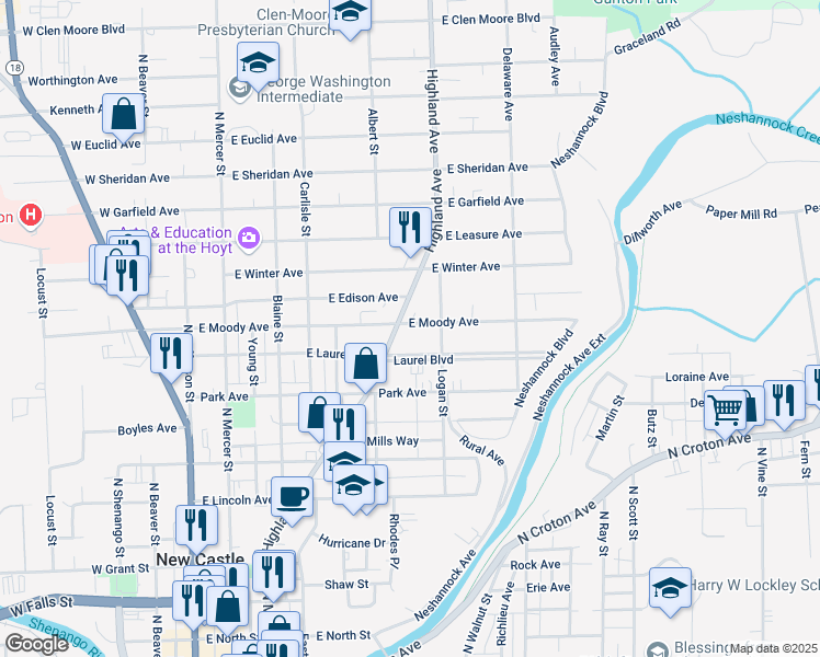 map of restaurants, bars, coffee shops, grocery stores, and more near 335 Laurel Boulevard in New Castle