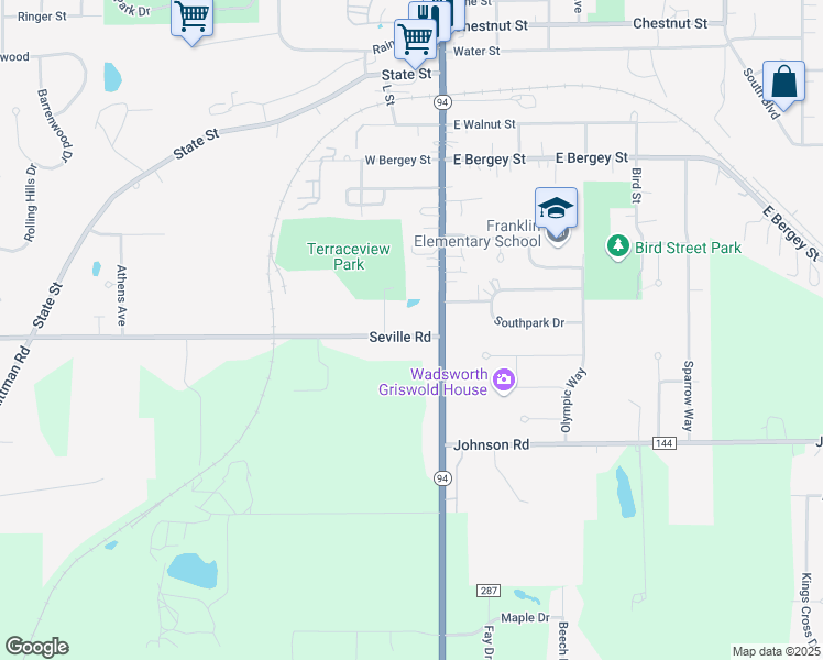 map of restaurants, bars, coffee shops, grocery stores, and more near 123 Seville Road in Wadsworth