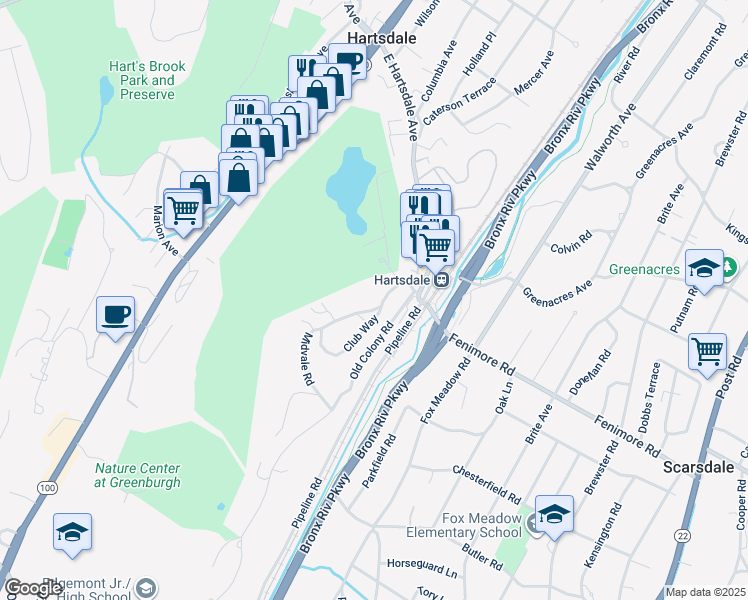 map of restaurants, bars, coffee shops, grocery stores, and more near 6 Club Way in Hartsdale