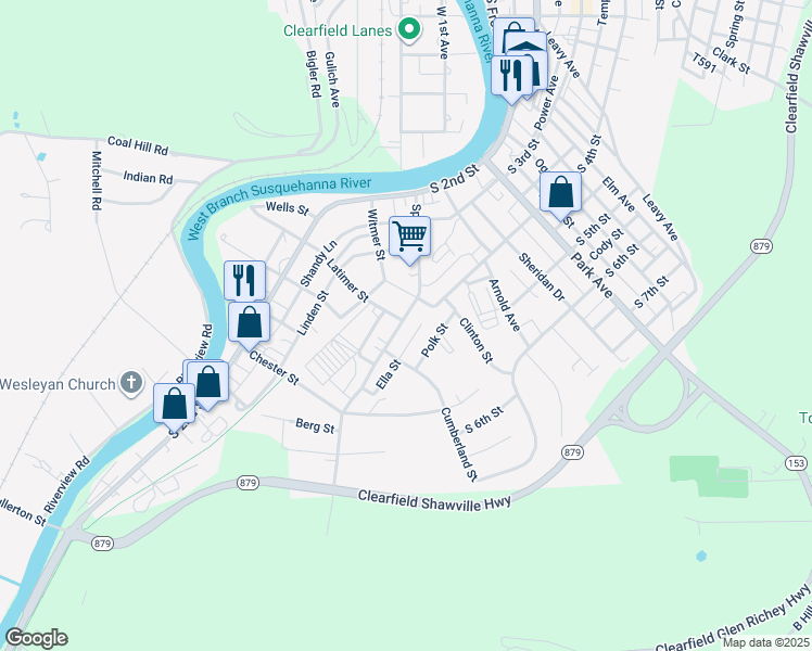 map of restaurants, bars, coffee shops, grocery stores, and more near 412 Spruce Street in Clearfield