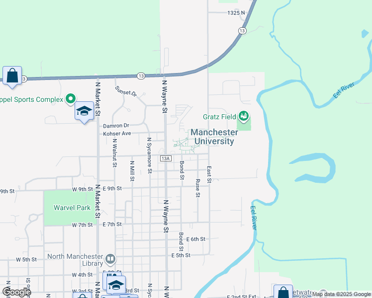 map of restaurants, bars, coffee shops, grocery stores, and more near 604 East College Avenue in North Manchester