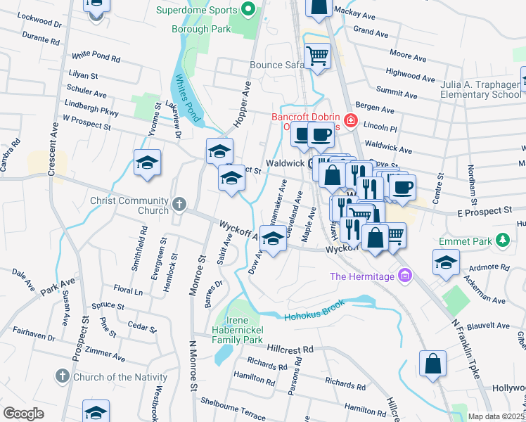 map of restaurants, bars, coffee shops, grocery stores, and more near 9 Vernon Court in Waldwick