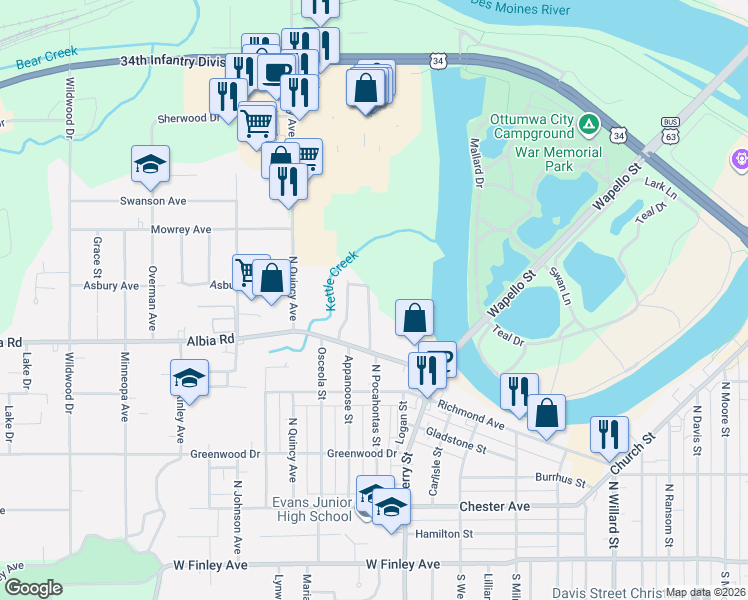 map of restaurants, bars, coffee shops, grocery stores, and more near 730 Pocahontas Lane in Ottumwa