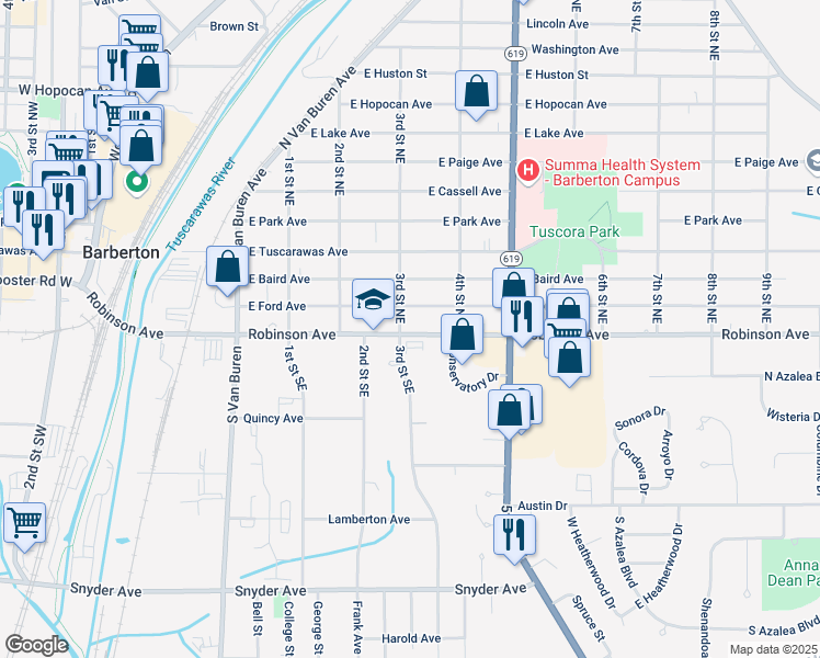 map of restaurants, bars, coffee shops, grocery stores, and more near 327 Robinson Avenue in Barberton