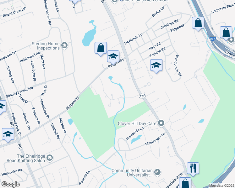 map of restaurants, bars, coffee shops, grocery stores, and more near 21 Club Pointe Drive in White Plains