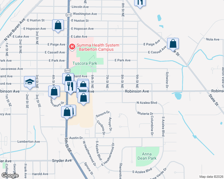 map of restaurants, bars, coffee shops, grocery stores, and more near 616 Robinson Avenue in Barberton