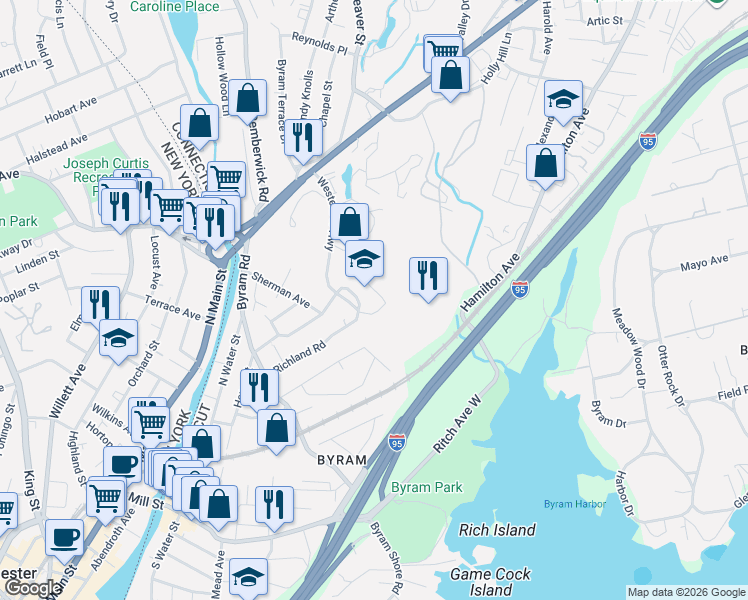 map of restaurants, bars, coffee shops, grocery stores, and more near 75A Richland Road in Greenwich