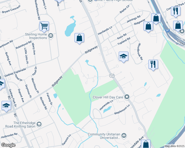map of restaurants, bars, coffee shops, grocery stores, and more near 21 Club Pointe Drive in White Plains