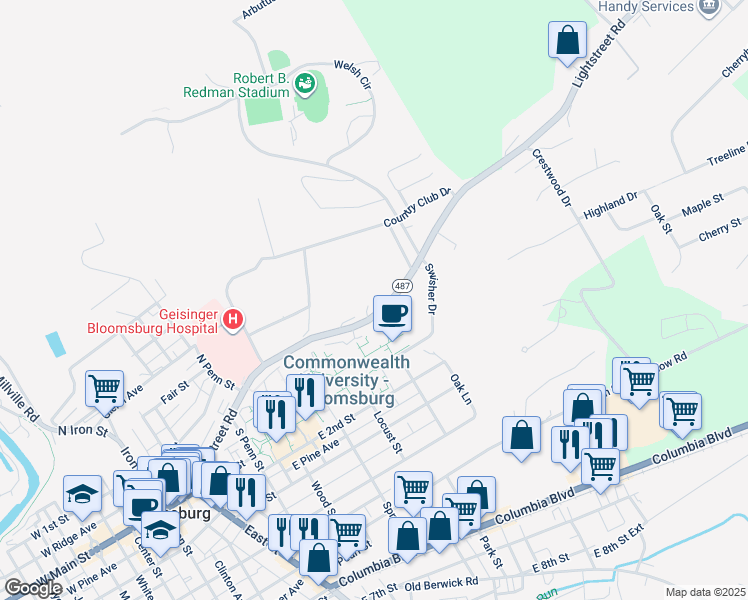 map of restaurants, bars, coffee shops, grocery stores, and more near 823 Lightstreet Road in Bloomsburg