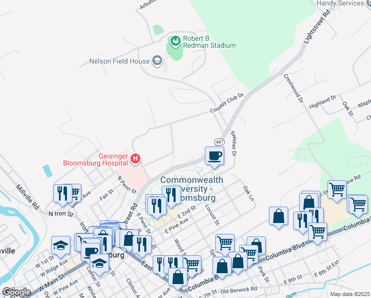 map of restaurants, bars, coffee shops, grocery stores, and more near 801 Lightstreet Road in Bloomsburg