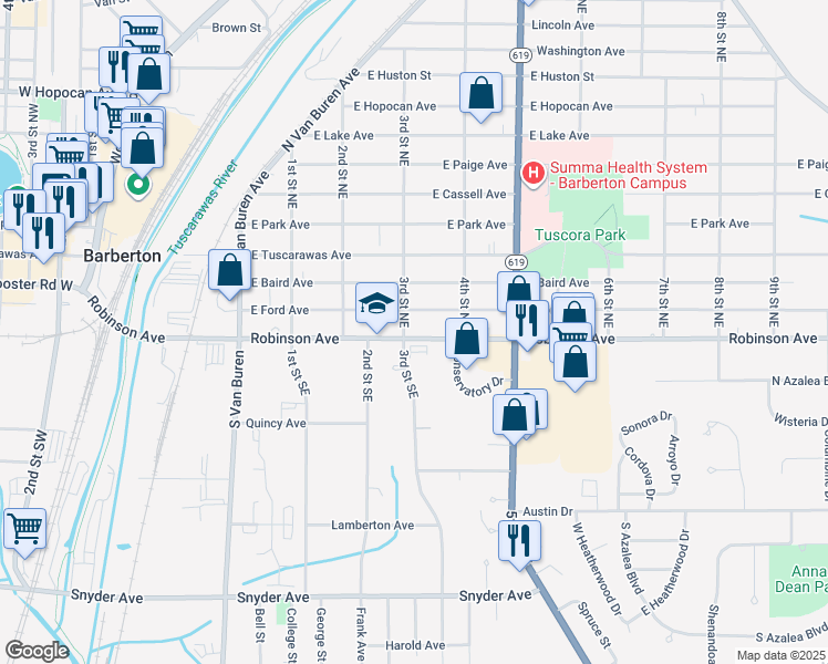 map of restaurants, bars, coffee shops, grocery stores, and more near 327 Robinson Avenue in Barberton