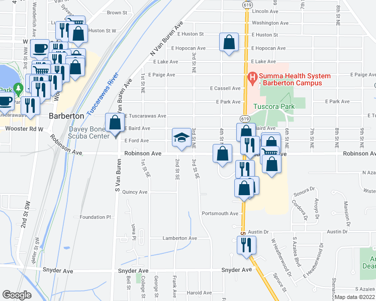 map of restaurants, bars, coffee shops, grocery stores, and more near 303 Robinson Avenue in Barberton