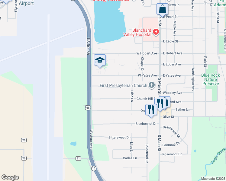 map of restaurants, bars, coffee shops, grocery stores, and more near 400 Church Hill Drive in Findlay