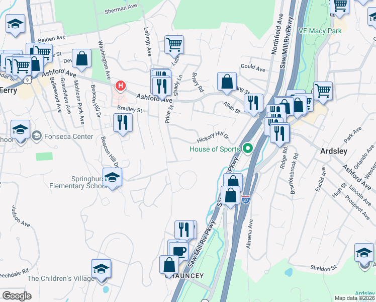 map of restaurants, bars, coffee shops, grocery stores, and more near 40 Chestnut Ridge Way in Dobbs Ferry