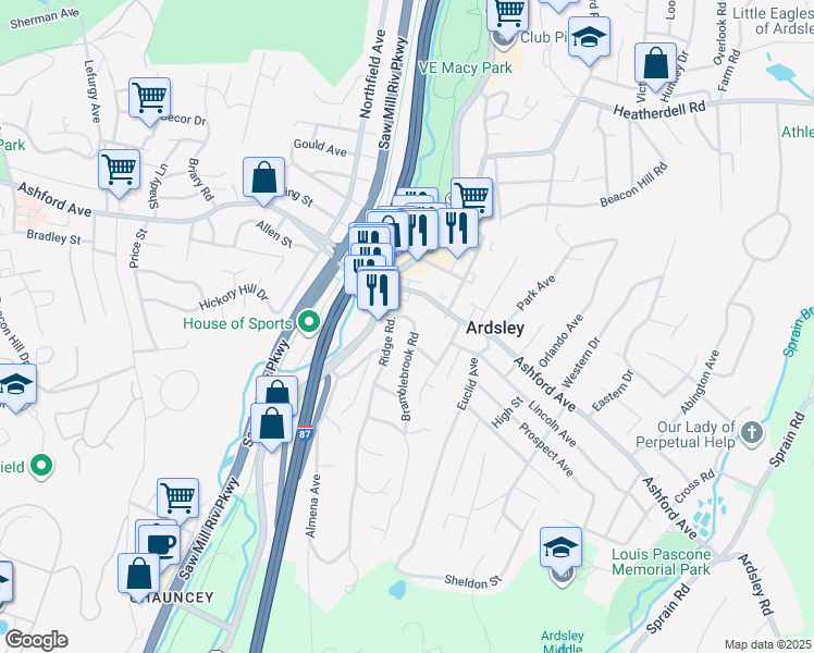 map of restaurants, bars, coffee shops, grocery stores, and more near 7 Lakeview Avenue in Ardsley