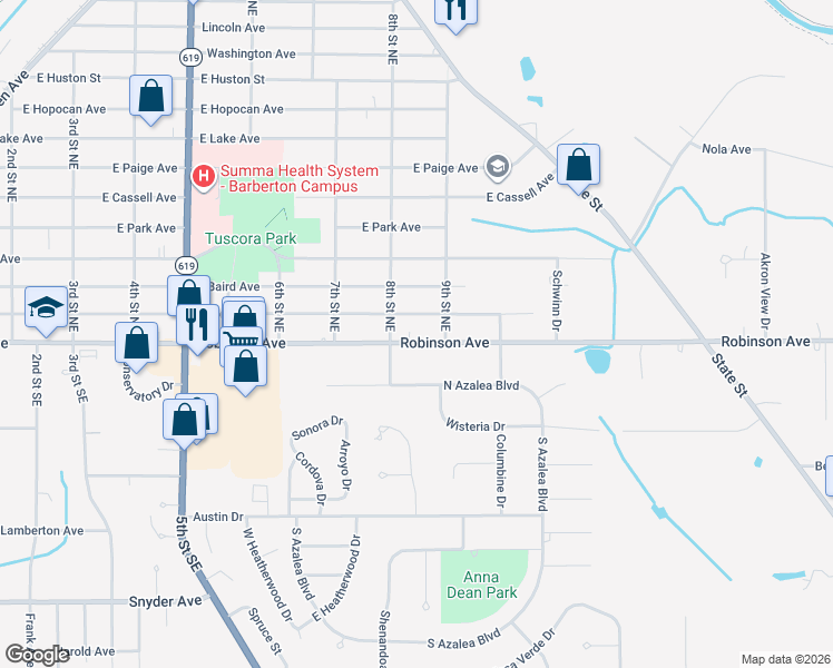 map of restaurants, bars, coffee shops, grocery stores, and more near 685 Robinson Avenue in Barberton