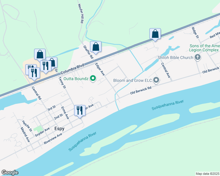 map of restaurants, bars, coffee shops, grocery stores, and more near 2880 White Birch Ln in Bloomsburg