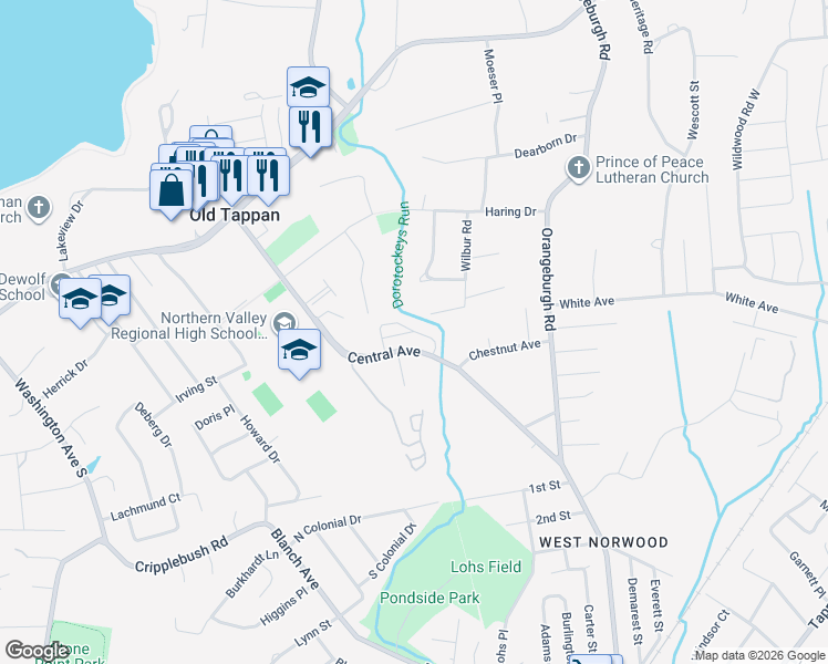 map of restaurants, bars, coffee shops, grocery stores, and more near Winding Creek in Old Tappan