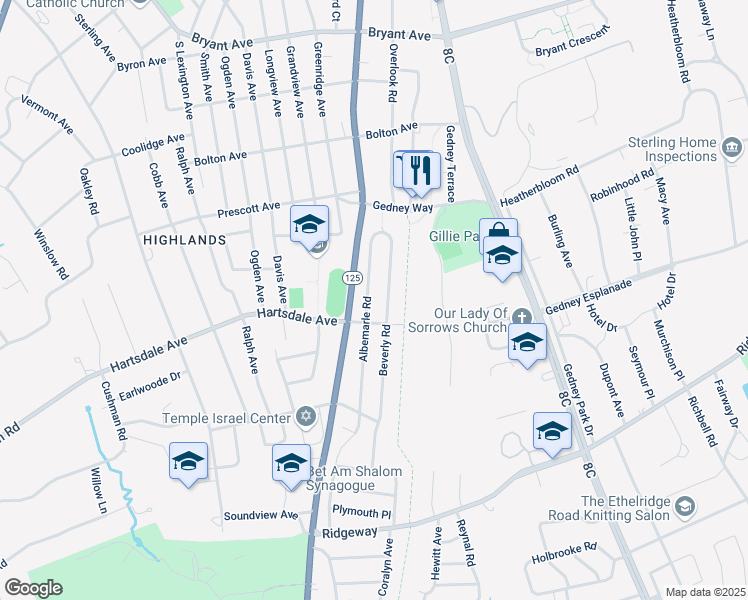 map of restaurants, bars, coffee shops, grocery stores, and more near 70 Hartsdale Avenue in White Plains