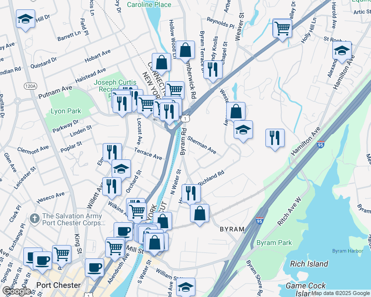 map of restaurants, bars, coffee shops, grocery stores, and more near 81 Byram Road in Greenwich