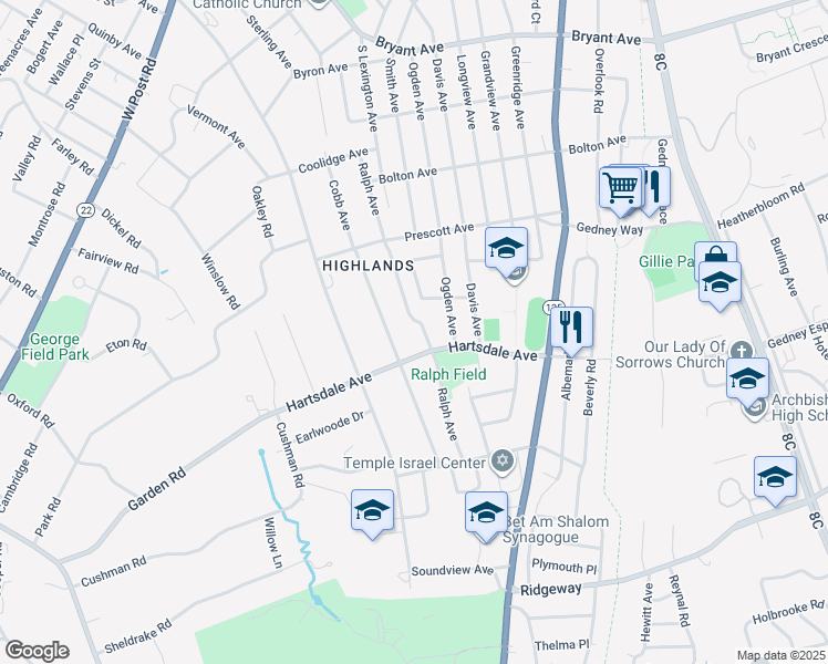map of restaurants, bars, coffee shops, grocery stores, and more near 44 Midchester Avenue in White Plains